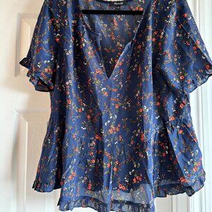 Madewell 100% navy and floral silk flowy blouse